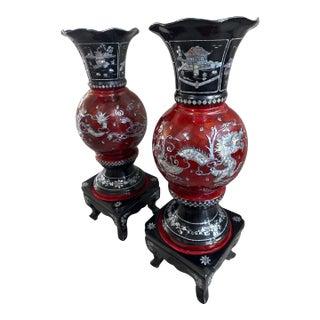 Pair of Grand Asian Lacquer Floor Vases With Original Stands — Dragon & Phoenix Mother-of-Pearl Inlay, Circa 1960s For Sale