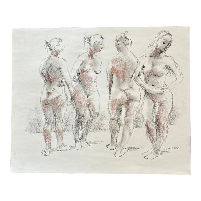 Contemporary Original 4 Figure Female Nude Life Study Pastel Drawing For Sale