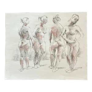 Contemporary Original 4 Figure Female Nude Life Study Pastel Drawing