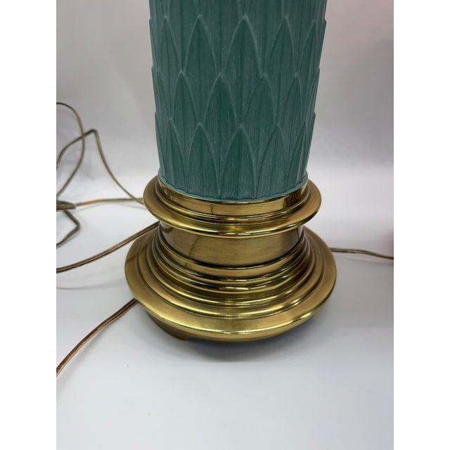 Hollywood Regency Mid 20th Century Hollywood Regency Turquoise Ceramic & Brass Column Lamps - A Pair For Sale - Image 3 of 12