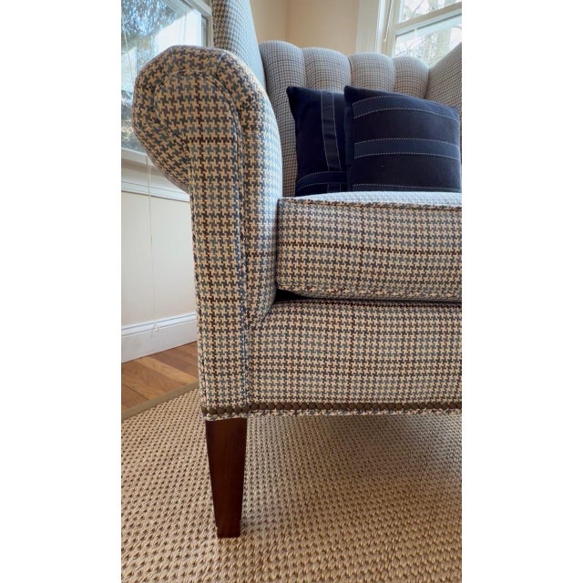 Traditional Tufted Blue and Gray Houndstooth Wingback Chair For Sale - Image 3 of 18
