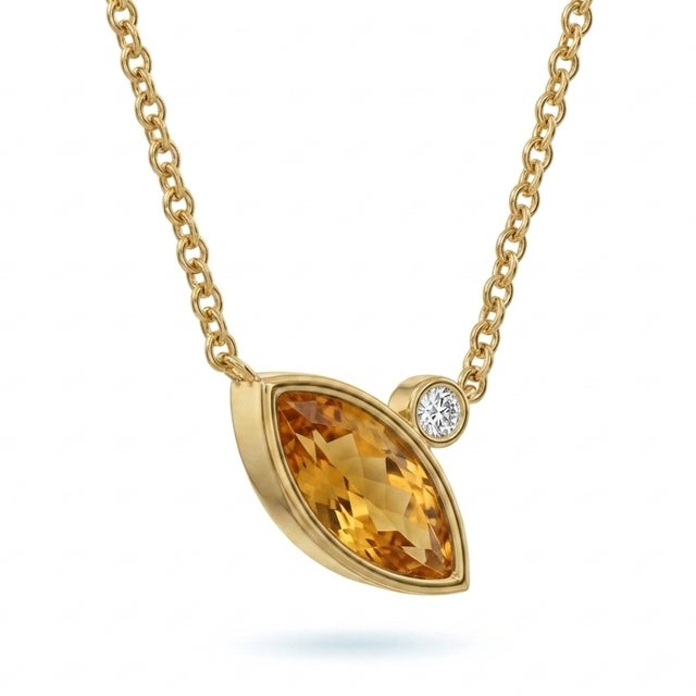 Contemporary Natural Citrine Marquise Pendant Necklace With Diamond Accent – 18k Gold Plated Sterling Silver For Sale - Image 3 of 3