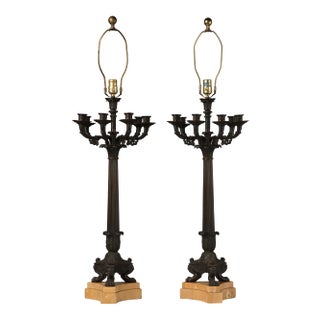 1950s Georgian Bronze Five Arm Candelabra Lamps - a Pair For Sale