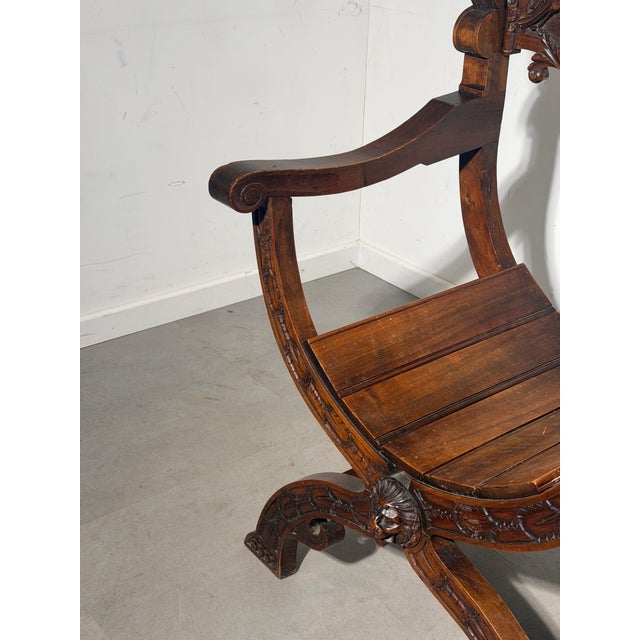 Antique Renaissance Revival Savonarola Chair in Hand-Carved Oak For Sale - Image 4 of 6