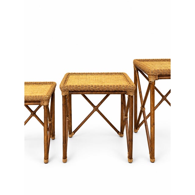 English 1970s Vintage Coastal Bamboo & Woven Rattan Nesting Tables – Set of 3 For Sale - Image 3 of 7