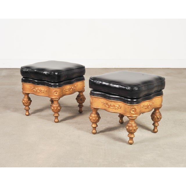 Wood Pair of Empire Aesthetic Leather Giltwood Ottoman Footstools For Sale - Image 7 of 18