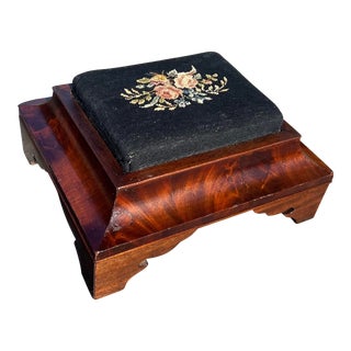 Antique Flame Mahogany Needlepoint Footstool For Sale