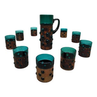 Vintage Bubble Glass Vase & Glasses with Copper Base by Nanny Still for RAAK, 1960s, Set of 11 For Sale