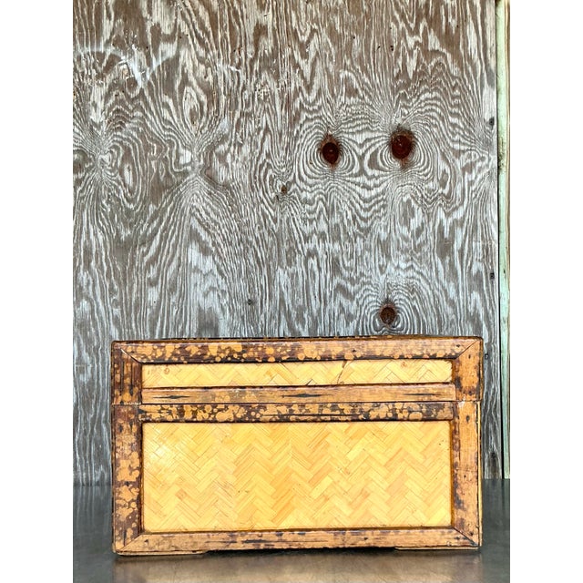 Vintage Boho Parquet Rattan Lidded Box For Sale - Image 11 of 11