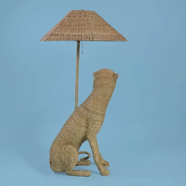 Large Cheetah Lamp by Mario Lopez Torres. There are minor imperfections to the hand-made woven rattan. Signed Mario Lopez...