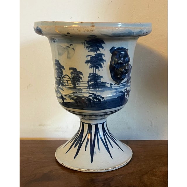 Mid 18th Century Antique 18th Century English Delft Urn Shape Flower Pot With Lion Mask Handles , London C. 1750 For Sale - Image 5 of 12