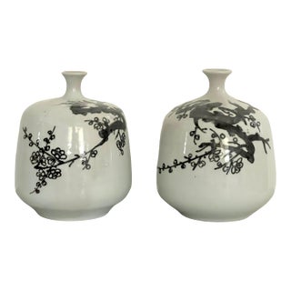 Japanese Vintage Ceramic Celadon Cherry Blossom Vases With Narrow Necks, a Pair, Signed For Sale