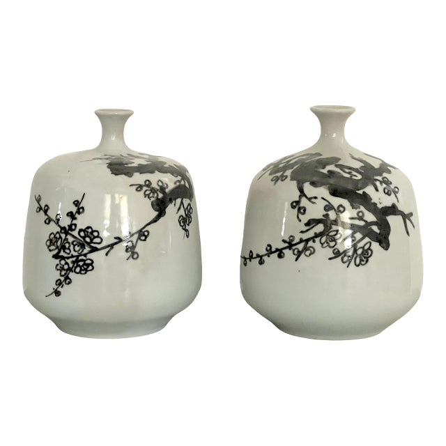 Japanese Vintage Ceramic Celadon Cherry Blossom Vases With Narrow Necks, a Pair, Signed For Sale