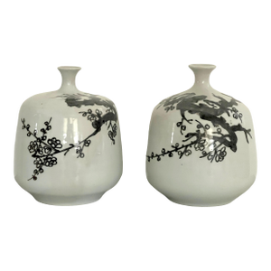 Japanese Vintage Ceramic Celadon Cherry Blossom Vases With Narrow Necks, a Pair, Signed