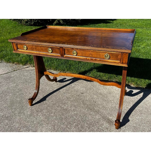 Hollywood Regency Vintage Mounted Walnut Writing Desk Attributed to Baker Furniture - Original Brass Accents For Sale - Image 3 of 11