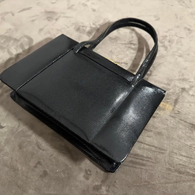 1950s High Quality Black Leather and Brass Hardware Italian Evening Bag For Sale - Image 13 of 18