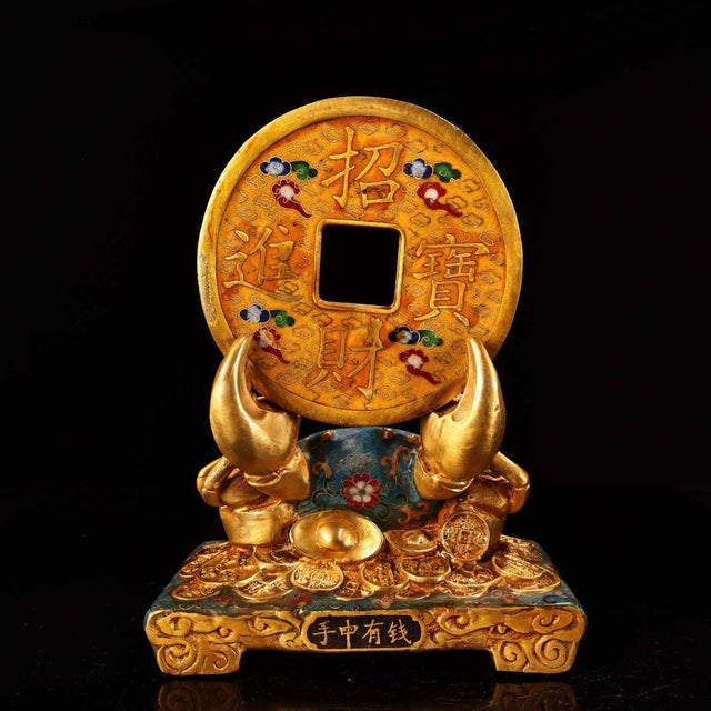 Vintage Cloisonne Enamel Crab & Coin Sculpture – 9.8" Auspicious Wealth Figure For Sale - Image 4 of 9