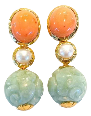 Bochic "Orient" Vintage Coral, Pearl & Vintage Mint Jade Set 18K Gold & Silver