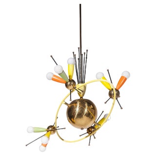 Space Age Brass Multicolored Chandelier in the style of Angelo Lelli, 1959 For Sale