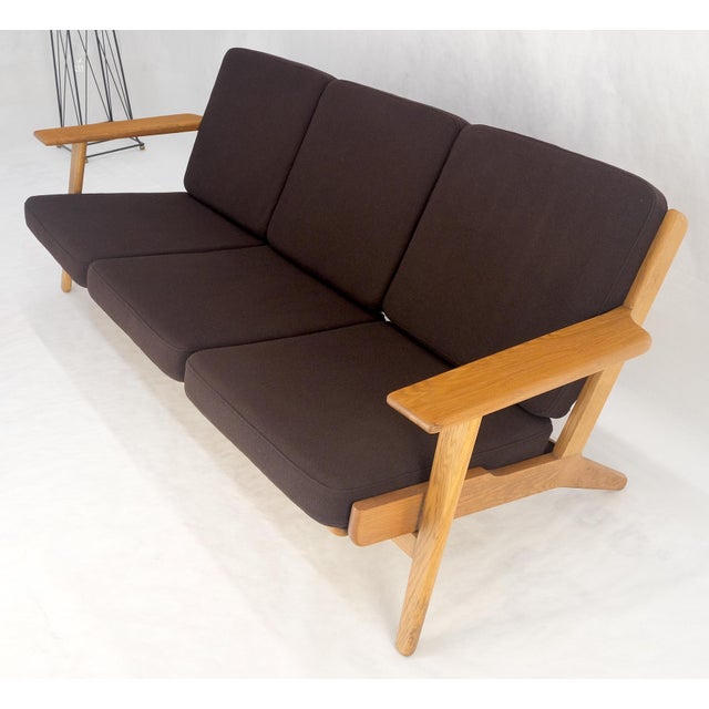 Solid Oak Frame Brown Upholstery MCM Style 3 Seat Sofa Clean! For Sale - Image 14 of 16