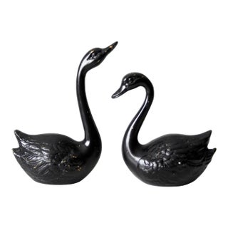 Vintage Painted Brass Black Swans Pair For Sale