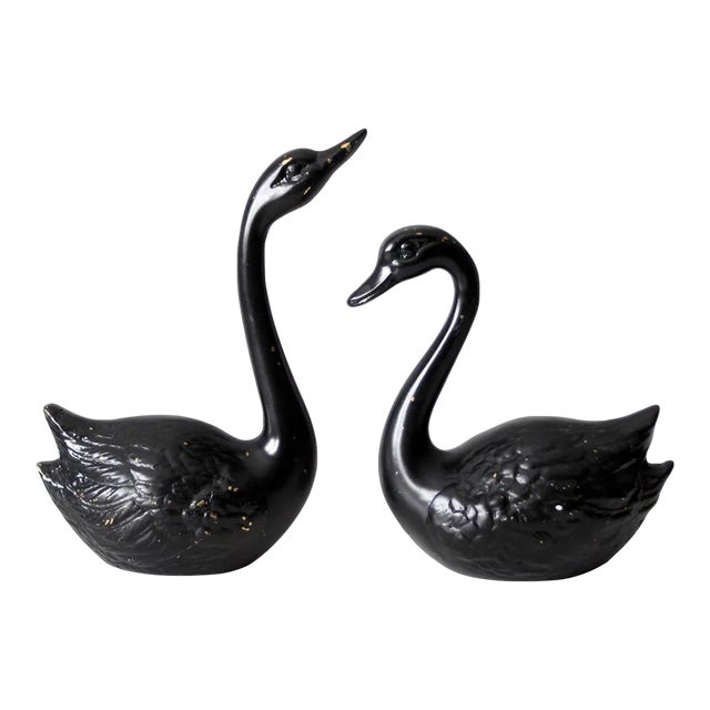 Vintage Painted Brass Black Swans Pair For Sale