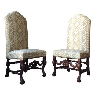 Pair of 20th Century Flemish-Style Walnut High Back Side Chairs With Cowtan & Tout Ikat Upholstery For Sale