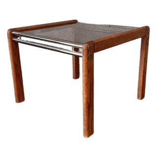 Vintage Post Modern Oak + Smoked Glass Side Table For Sale