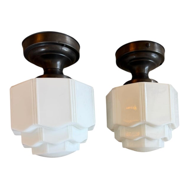 1930s Pair of Art Deco Milk Glass Flushmount Pendants For Sale