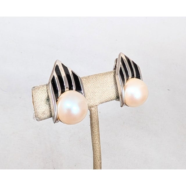 1980s Vintage 1980s Signed Givenchy Art Deco Style Striped Faux-Pearl Clip Earrings-2 Pieces For Sale - Image 5 of 7