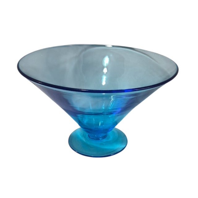 Vintage Mid-Century Modern Blue Glass Attributed Blenko Compote Pedestal Vase For Sale - Image 6 of 6