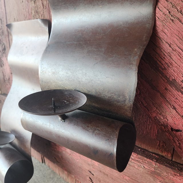 1970s Pair of Vintage Mexican Metal Wall Candle Sconces – 16"x8" Rustic Scroll Design - Rare For Sale - Image 4 of 14
