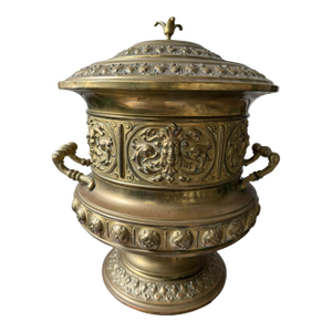1910s Giant Antique Repousse Victorian Brass Bacchus Continental Style Lidded Ice Bucket Wine Cooler