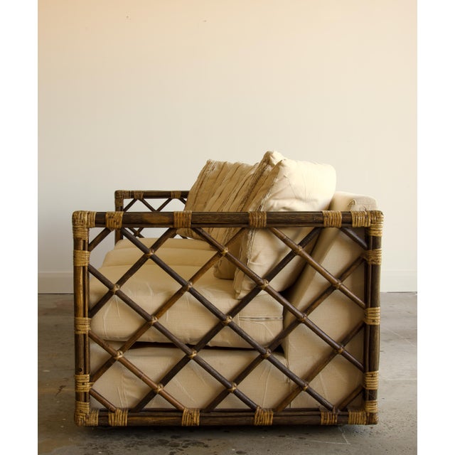 Wood Vintage Rattan Trellis Lattice Sofa in the Style of McGuire With Casters, Wrapped Joints, and Ivory Upholstery, 1970s For Sale - Image 7 of 9