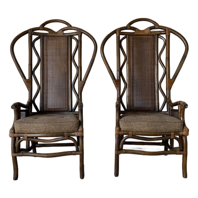 Vintage Bent Rattan & Wicker High Back Chippendale Style Arm Chairs - A Pair For Sale