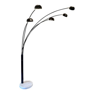 1970’s Mid Century Modern Guzzini/Italian Style 5-Light Arc Floor Lamp in Black Marble Base For Sale