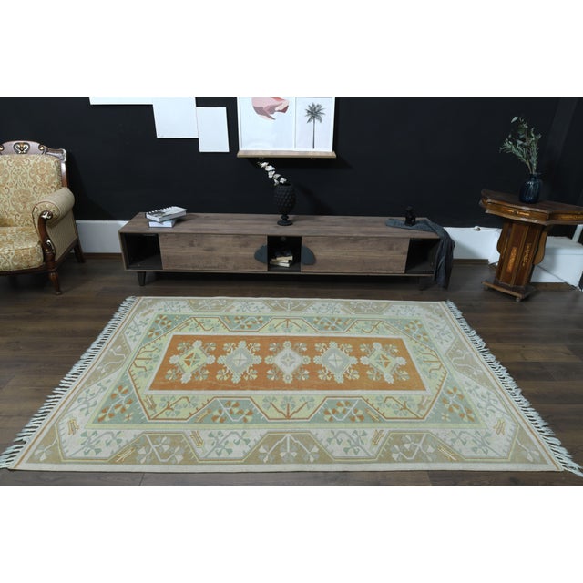 1970s Vintage Turkish Handmade Wool & Cotton Orange Area Rug For Sale - Image 4 of 11