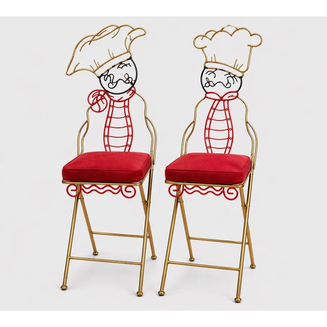 Traditional Vintage Whimsical Chef Figural Metal Counter Stools — Pair — Folding Bistro Bar Stools With Ivory Cushions (49” H) For Sale - Image 3 of 6