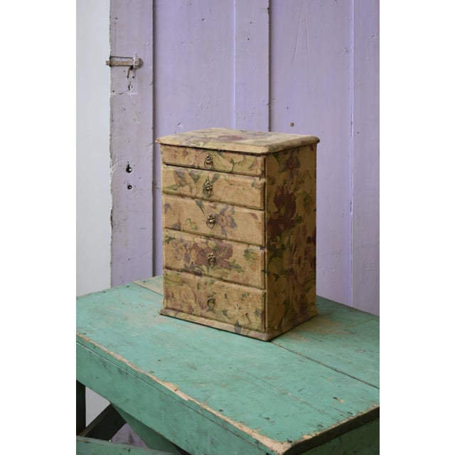 American Antique Floral-Printed Fabric Covered Tabletop Haberdashery Cabinet, Circa Early 20th Century For Sale - Image 3 of 17