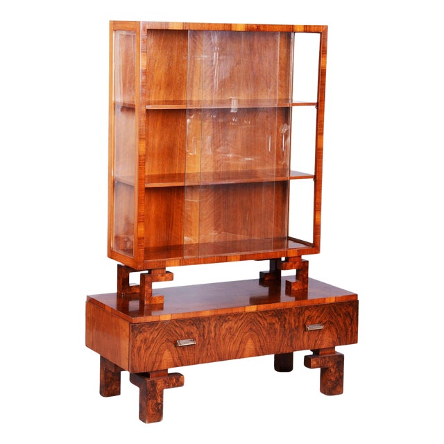 Art Deco Walnut and Glass Display Cabinet, Former Czechoslovakia, 1920s For Sale