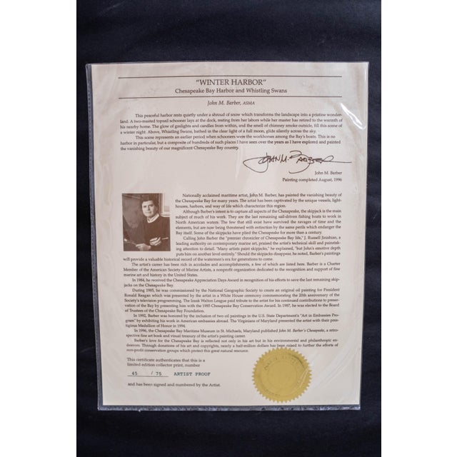 "Winter Harbor" Sailboat Swan Painting Print Signed John M Barber Numbered For Sale - Image 12 of 13