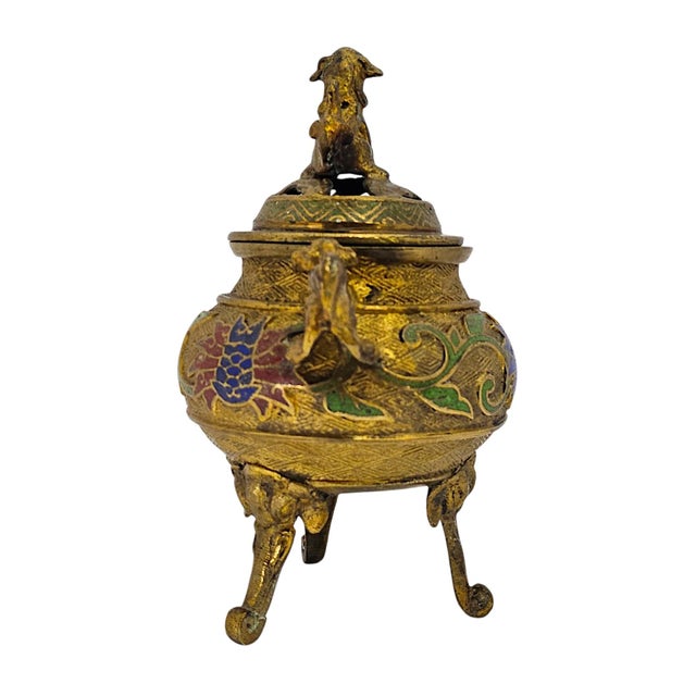 Mid-Century Japanese Champlevé Enamel Tripod Censer With Guardian Lion Finial For Sale In San Francisco - Image 6 of 12
