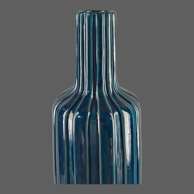 Late 20th Century Late 20th Century Mid-Century-Modern Tall 24.5'' Ribbed Blue Glazed Pottery Floor Table Vase For Sale - Image 5 of 9