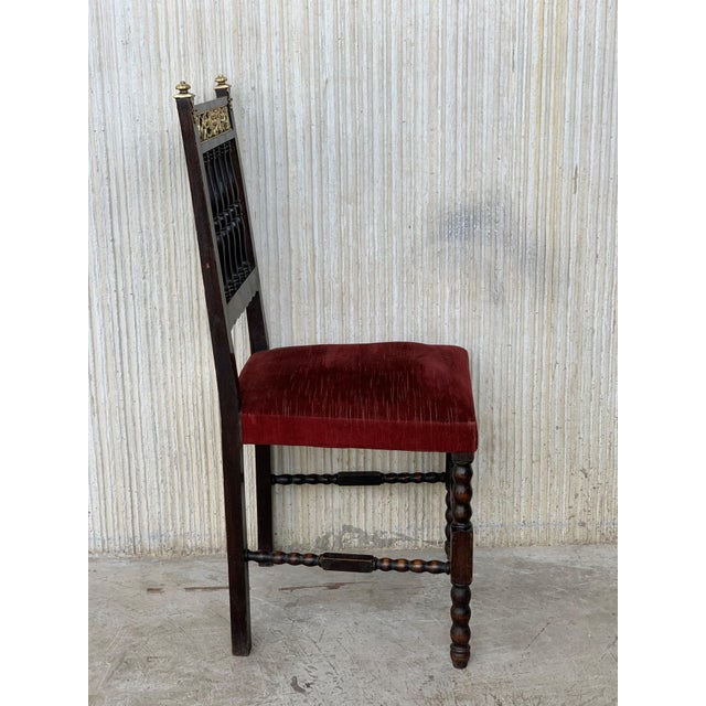 19th Set of Six Spanish Chairs With Bronze Details and Red Velvet