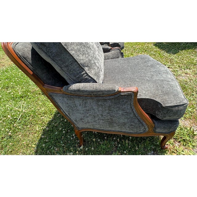 Mid 20th Century Classic French Carved Walnut Bergere Club Chairs For Sale In Philadelphia - Image 6 of 11
