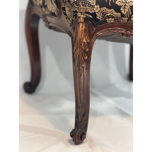 Vintage Louis XV Style Hand Carved Walnut Armchair With Black and Gold Damask Upholstery For Sale - Image 10 of 10