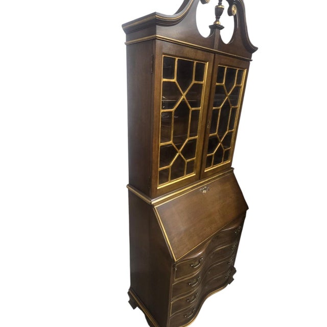 Wood Vintage Chippendale-Style Serpentine Secretary Desk & Bookcase For Sale - Image 7 of 7