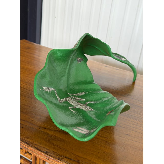 Vintage Sculptural Green Leaf Form Metal Centerpiece Bowl With Découpage Appliqué For Sale - Image 11 of 12