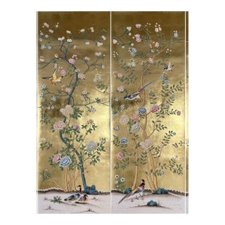 Gold Leaf Chinoiserie Hand-Painted Bird & Floral Wall Panels (Set of 2) For Sale