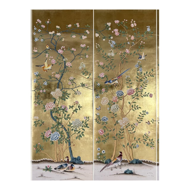 Gold Leaf Chinoiserie Hand-Painted Bird & Floral Wall Panels (Set of 2) For Sale
